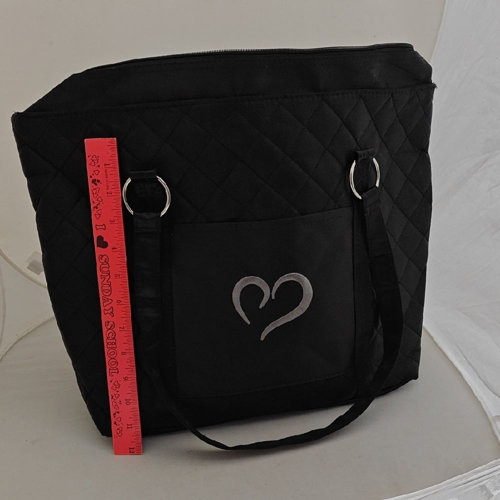 Black Quilted Tote Bag with Heart Accent Woman Off Faith
